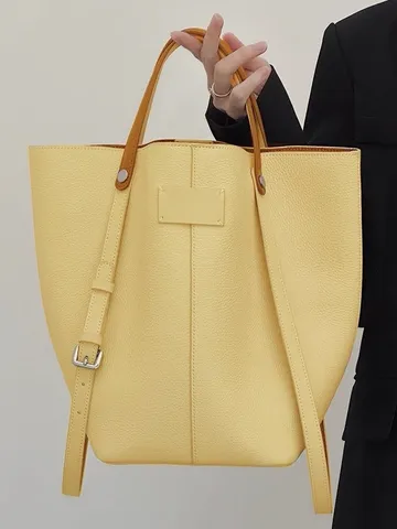 Borsa a Secchiello in Pelle PU di Grande Capacità da Donna Tinta Unita Cuciture Borsa a Tracolla Minimalista Urbana