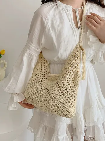Bolso Tote Tejido de Paja para Mujer Estilo Literario Vintage Vacaciones en la Playa Bolso de Hombro Gran Capacidad Hobo Casual
