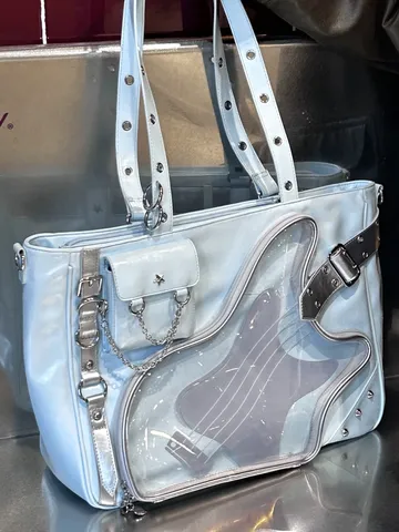 Große Kapazität PU Leder Tragetasche Damen Casual Pendler Schulter Handtasche Gitarre Form Transparentes Fenster Schmerz Tasche