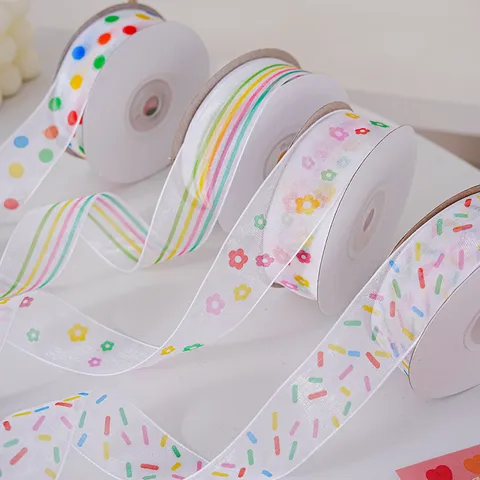 Süßes Organza Band Mehrfarbig Blumen Pünktchen Gestreift Transluzent Transparent Satinband Geschenkverpackung DIY Handwerk Schleifenbänder