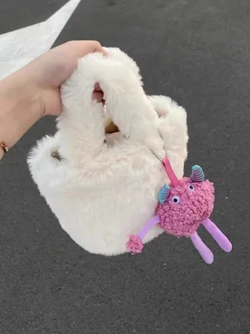 Donne Moda Peluche Borsa a Secchiello Inverno Morbido Pelliccia Sintetica Borsetta Carino Piccolo Mostro Ciondolo Borsa a Tracolla
