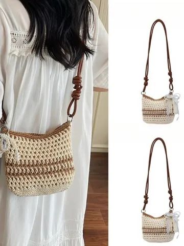 Borsa a Tracolla Tessuta Mini Borsa per Telefono in Maglia Borsa a Spalla in Lana Fatta a Mano Casual da Spiaggia per Donna