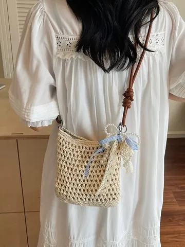Borsa a Tracolla Tessuta Mini Borsa per Telefono in Maglia Borsa a Spalla in Lana Fatta a Mano Casual da Spiaggia per Donna