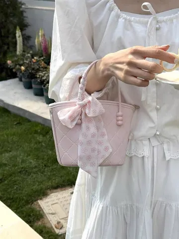 Donna Borsa a Secchiello in Pelle PU Trapuntata Piccola Borsetta Fiocco Perla Stile Vacanza Manico Superiore Borsa Tracolla