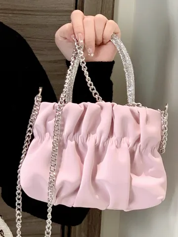 Borsa a Tracolla a Scomparsa Plissettata in Pelle PU da Donna Manico con Strass Catena