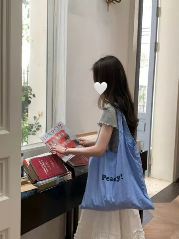 Borsa Tote in Tela Grande Capacità Rigata Stampa Lettere Borsa a Tracolla Casual Shopping per Donne Lavoro Quotidiano