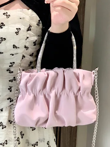 Borsa a Tracolla a Scomparsa Plissettata in Pelle PU da Donna Manico con Strass Catena