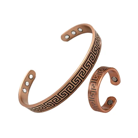 Vintage Pure Copper Magnetic Jewelry Set Adjustable Open Bangle Cuff Bracelet Ring Energy Therapy Bio Magnets Healing Jewelry Unisex Gift