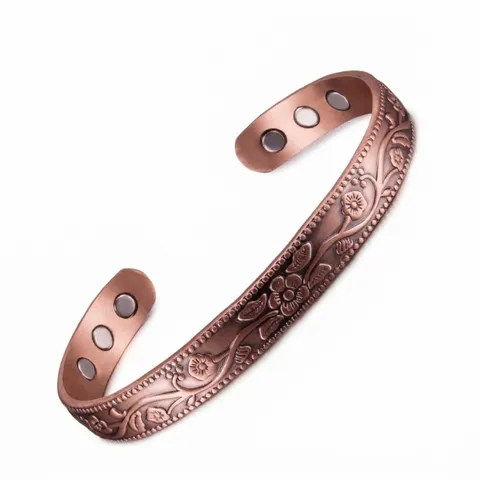 Vintage Copper Magnetic Therapy Cuff Bangle For Men Women Retro Flower Pattern Adjustable Open Engraved Embossed Bracelet Jewelry Gift