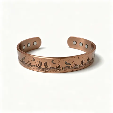 Vintage Copper Magnetic Cuff Bracelet For Men Women Western Wilderness Desert Wolf Cactus Embossed Adjustable Open Bangle Jewelry Gift