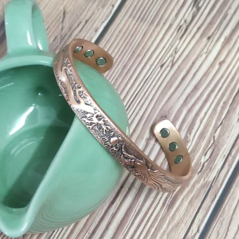 Vintage Pure Copper Magnetic Bangle For Men Women Adjustable Cuff Bracelet With Dragon Phoenix Horse Pattern Embossed Bio Therapy Energy Jewelry