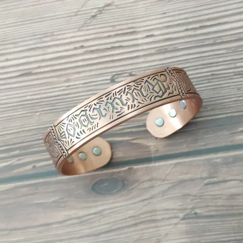 Vintage Pure Copper Magnetic Cuff Bracelet For Men Women Geometric Striped Engraved Pattern Adjustable Bangle Jewelry