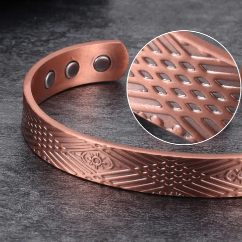 Pure Copper Magnetic Bracelet And Ring Set Vintage Open Adjustable Geometric Totem Copper Jewelry For Men Women