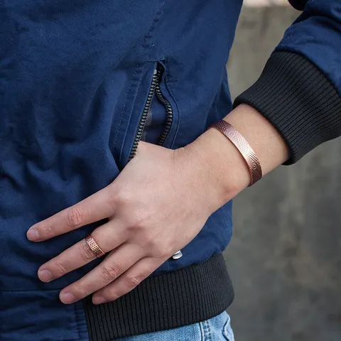 Pure Copper Magnetic Bracelet And Ring Set Vintage Open Adjustable Geometric Totem Copper Jewelry For Men Women