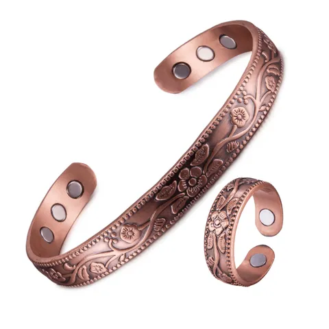 Vintage Puur Koper Pruimenbloesem Wijnstok Magnetische Armband en Ring Set Open Verstelbare Brede Sieraden