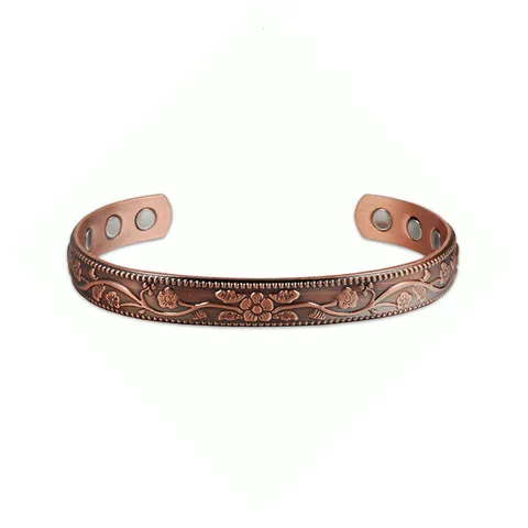 Vintage Puur Koper Pruimenbloesem Wijnstok Magnetische Armband en Ring Set Open Verstelbare Brede Sieraden