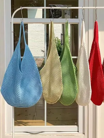 Borsa Tote Tessuta Casual Grande Capacità Borsa a Tracolla Traforata Vacanze Spiaggia Borsa a Mano Per Donne