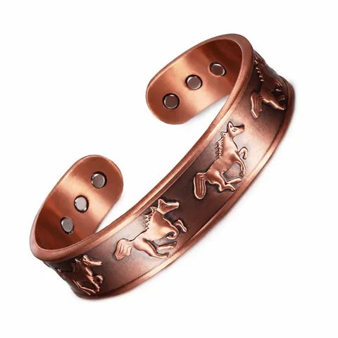 Set di Anelli con Bracciale Magnetico in Rame Retro da Uomo Vintage Zodiaco Cavallo Rilievo Rame Gioiello da Mano Bracciale Aperto Regolabile