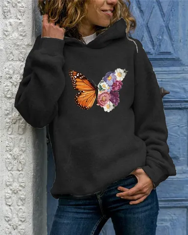 Dames Stedelijk Casual Hoodie Lange Mouw Pullover Sweatshirt Vlinder Bloemenprint Polyester Top Met Zak Dagelijks Gebruik