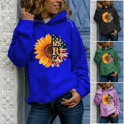 Γυναικείο Casual Μακρυμάνικο Pullover Hoodie με Εκτύπωση Ηλιοτρόπιο Σημαία Φαρδιά Γραμμή Top