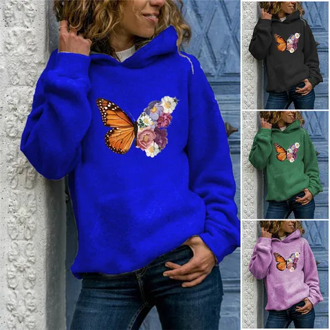 Dames Stedelijk Casual Hoodie Lange Mouw Pullover Sweatshirt Vlinder Bloemenprint Polyester Top Met Zak Dagelijks Gebruik