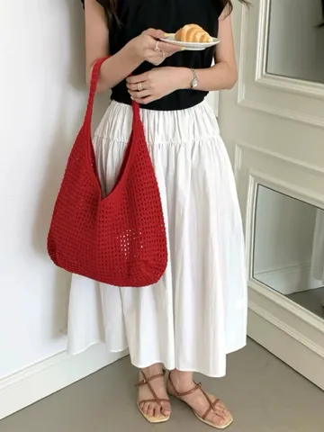 Borsa Tote in Maglia Uncinetto Traforata Casual Grande Capacità Borsa a Tracolla Tessuta Morbida per Donna Borsa Moda Quotidiana