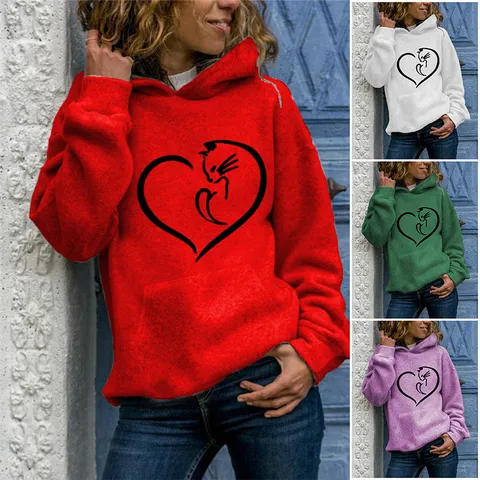 Women Urban Casual Polyester Hoodie Long Sleeve Pullover Cat Heart Print Sweatshirt With Pocket Drawstring Fashion Top