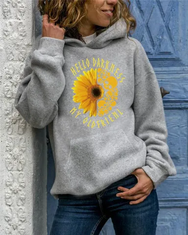 Women's Long Sleeve Hooded Sweatshirt Sunflower Skull Graphic Print Pullover Casual Streetwear Polyester Hoodie Top