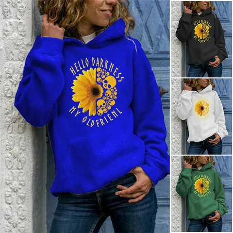 Women's Long Sleeve Hooded Sweatshirt Sunflower Skull Graphic Print Pullover Casual Streetwear Polyester Hoodie Top