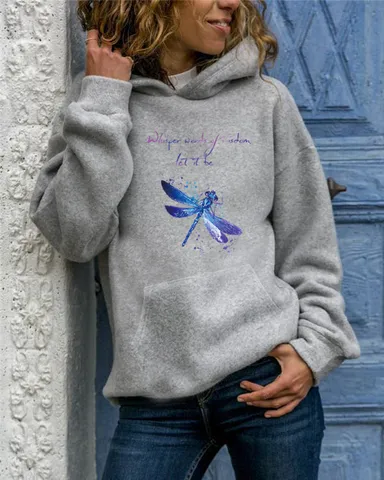 Damen Casual Polyester Libelle Bedruckt Hoodie Langarm Pullover Rundhals Urban Locker Top Mode Kleidung