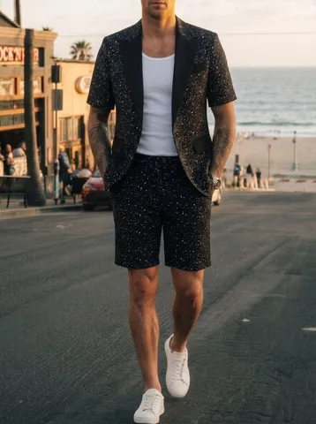 Antrikó Set Koustoumioy Kontomániko me Ektýpose Pitsiliás Melánis Business Casual Blazer kai Vermoúda Dio Temachia gia Kalokairino Symposio