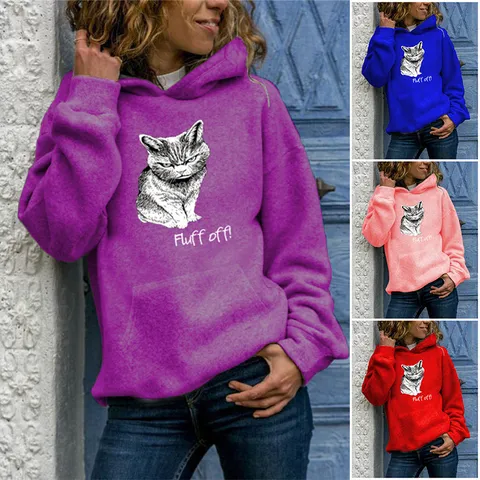 Women Long Sleeve Hooded Pullover Hoodie Casual Polyester Sweatshirt Printed Animal Cat Letter Graphic Top For Women Clothing