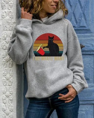 Women Casual Polyester Hooded Sweatshirt Vintage Cat Print Slogan Long Sleeve Pullover Hoodie Autumn Fashion Top