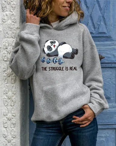 Dames Casual Sweatshirt met Capuchon Panda Gewichtheffen Print Lange Mouwen Pullover Hoodie Top Stedelijke Stijl Herfst Winter Kleding