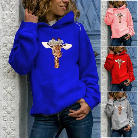 Damen Langarm Kapuzenpullover Polyester Tier Giraffe Blume Druck Pullover Hoodie Warm Lässig Urban Tops Für Den Täglichen Gebrauch