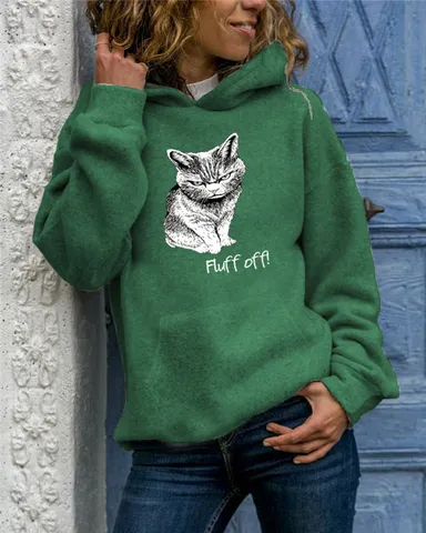 Women Long Sleeve Hooded Pullover Hoodie Casual Polyester Sweatshirt Printed Animal Cat Letter Graphic Top For Women Clothing