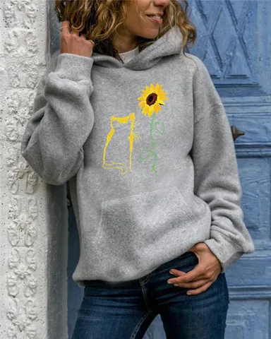 Women Casual Hoodie Cat Sunflower Print Long Sleeve Pullover Sweatshirt Polyester Comfortable Streetwear Top