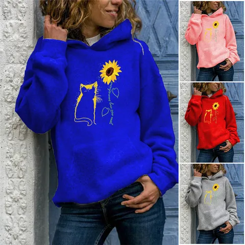 Women Casual Hoodie Cat Sunflower Print Long Sleeve Pullover Sweatshirt Polyester Comfortable Streetwear Top