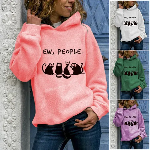 Women Funny Cat Print Hoodie Long Sleeve Pullover Sweatshirt Casual Graphic Top Round Neck Polyester Hooded Sweatshirt For Women