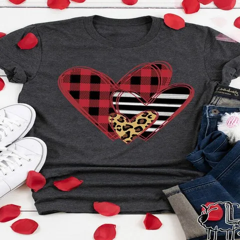 Maglietta a Maniche Corte con Stampa Grafica a Cuore di San Valentino Girocollo Casual in Misto Cotone Modal Unisex