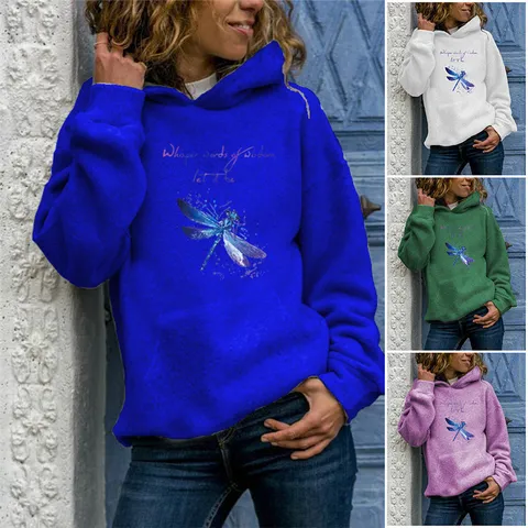 Damen Casual Polyester Libelle Bedruckt Hoodie Langarm Pullover Rundhals Urban Locker Top Mode Kleidung