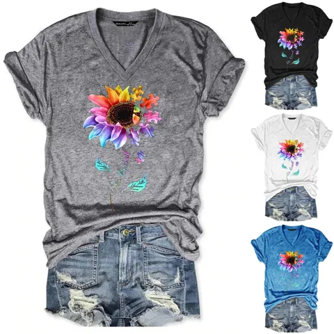 Casual Women V Neck Short Sleeve T-Shirt Sunflower Puzzle Print Polyester Top Fashion Daily Streetwear Apparel For Ladies