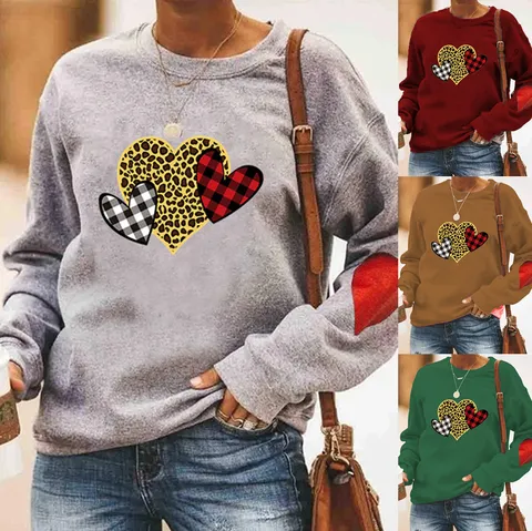 Women Valentine Day Heart Print Fleece Sweatshirt Crew Neck Long Sleeve Casual Polyester Pullover Top With Leopard Patchwork