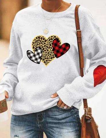 Women Valentine Day Heart Print Fleece Sweatshirt Crew Neck Long Sleeve Casual Polyester Pullover Top With Leopard Patchwork