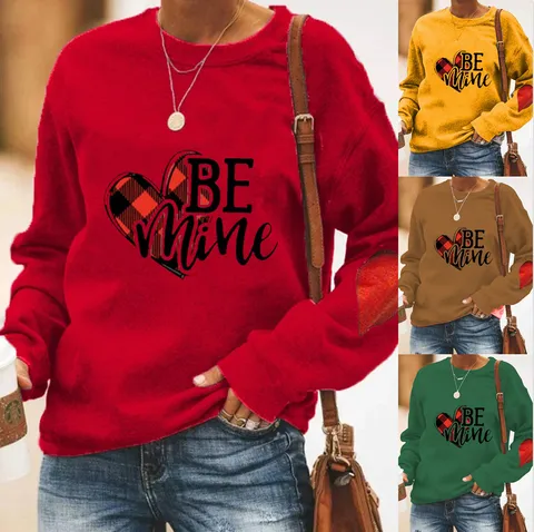 Women's Casual Valentine's Day Heart Print Pullover Sweatshirt Fleece Lined Long Sleeve Top With Elbow Patches Crew Neck Sweatshirt