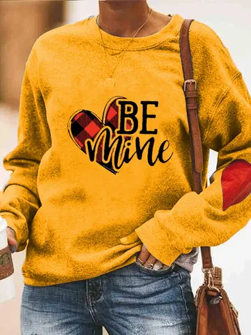 Women's Casual Valentine's Day Heart Print Pullover Sweatshirt Fleece Lined Long Sleeve Top With Elbow Patches Crew Neck Sweatshirt