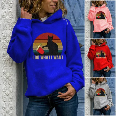 Women Casual Polyester Hooded Sweatshirt Vintage Cat Print Slogan Long Sleeve Pullover Hoodie Autumn Fashion Top