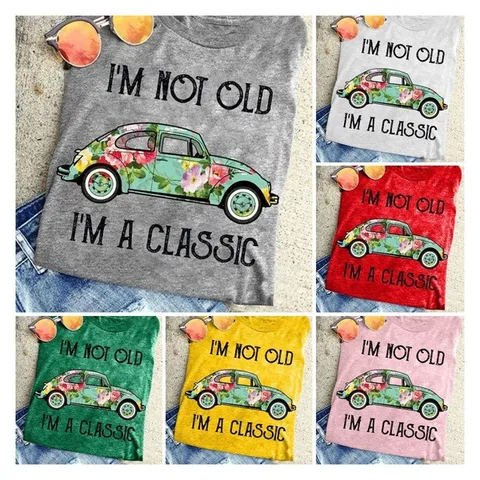 Women's Casual Modal Round Neck Short Sleeve T-Shirt Vintage Letter Print Classic Car Graphic Printed Tee Top