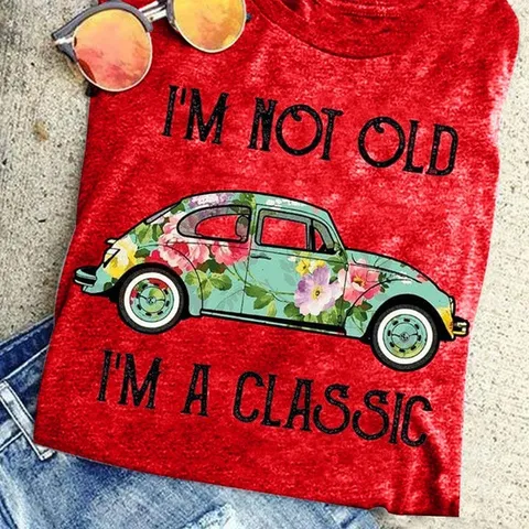Women's Casual Modal Round Neck Short Sleeve T-Shirt Vintage Letter Print Classic Car Graphic Printed Tee Top