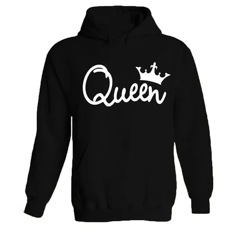 Women Men Casual King Queen Printed Hoodie Long Sleeve Couple Pullover Sweatshirt Crown Graphic Streetwear Top